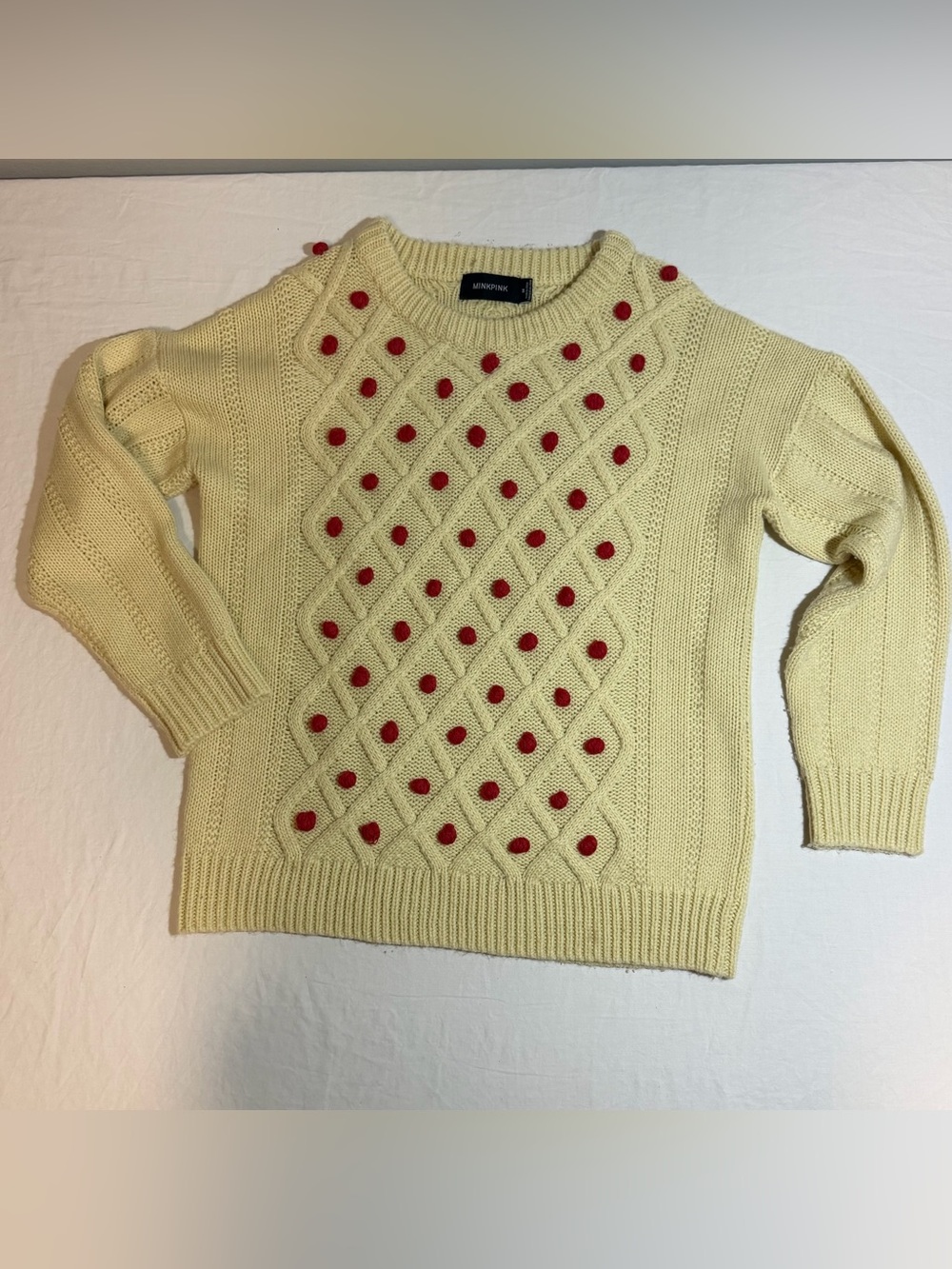MINKPINK Cream Cable Knit Sweater with Red Pom Details